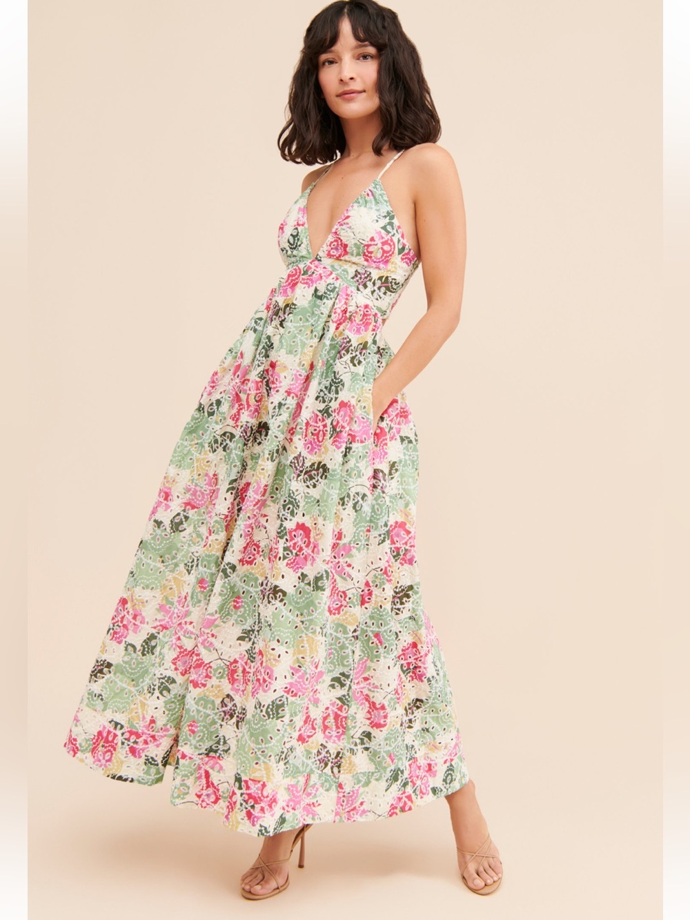 Line and Dot Printed Cotton Eyelet Midi Dress Floral Romantic Cottagecore Boho S
